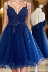 Dark Blue V Neck Short Semi Formal Prom Dress With Beads Appliques,Blue Homecoming Dress